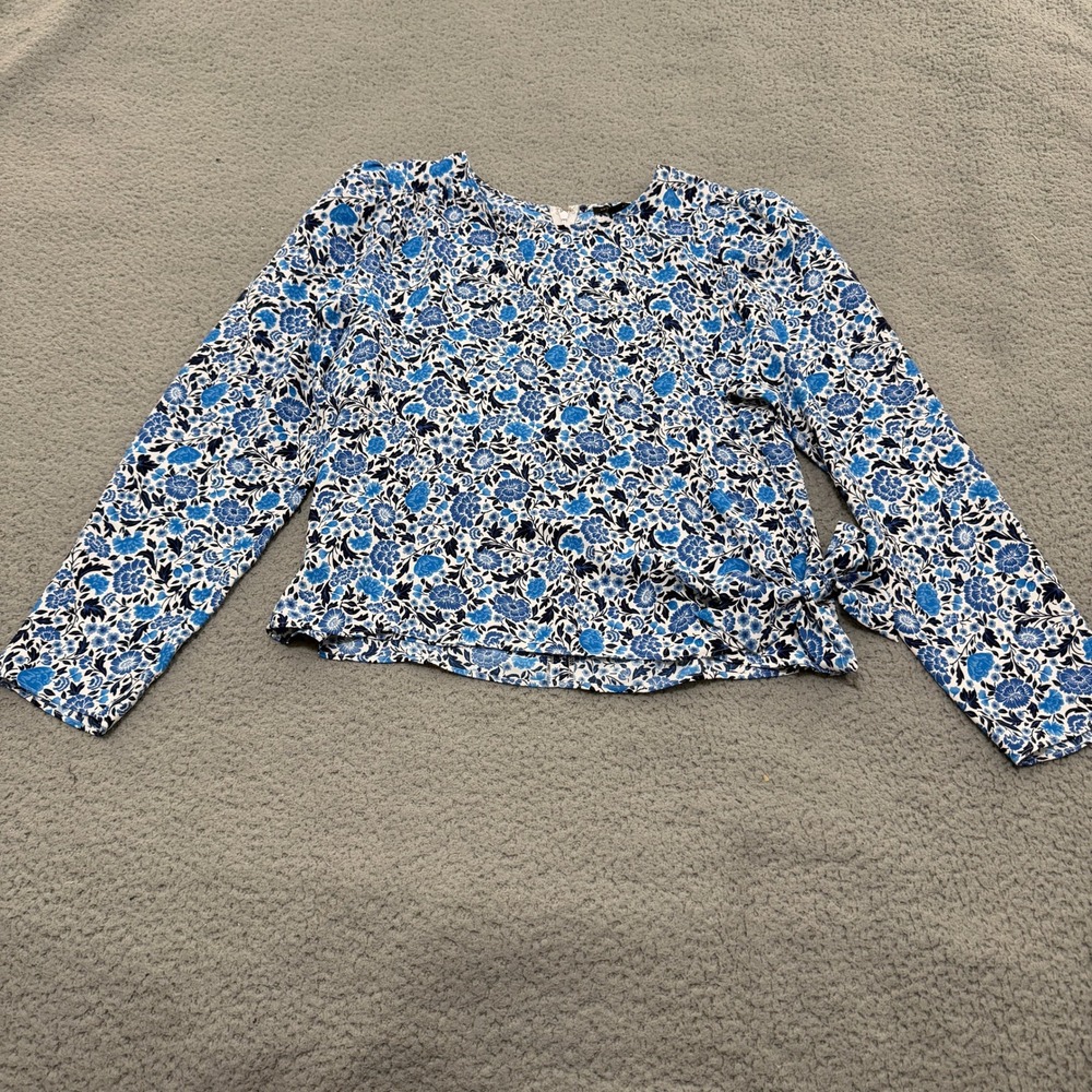 Ann Taylor Blouse Top Womens L Blue Floral Side Tie Wrap Puff Shoulder Sleeve
